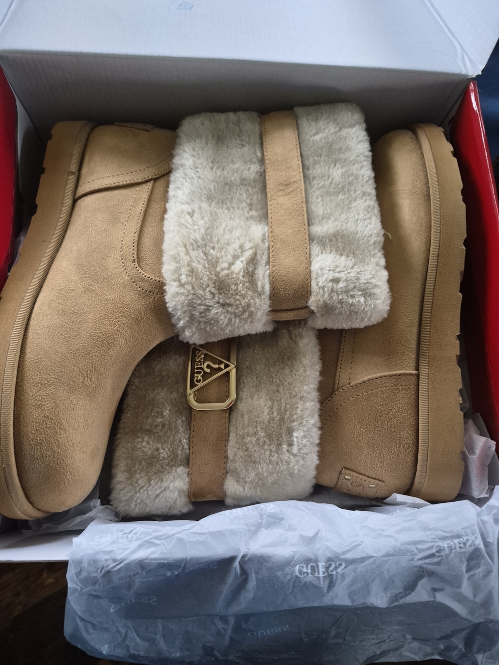 Guess Tan Fold-Over Faux Shearling Ankle Boots with Logo Accent